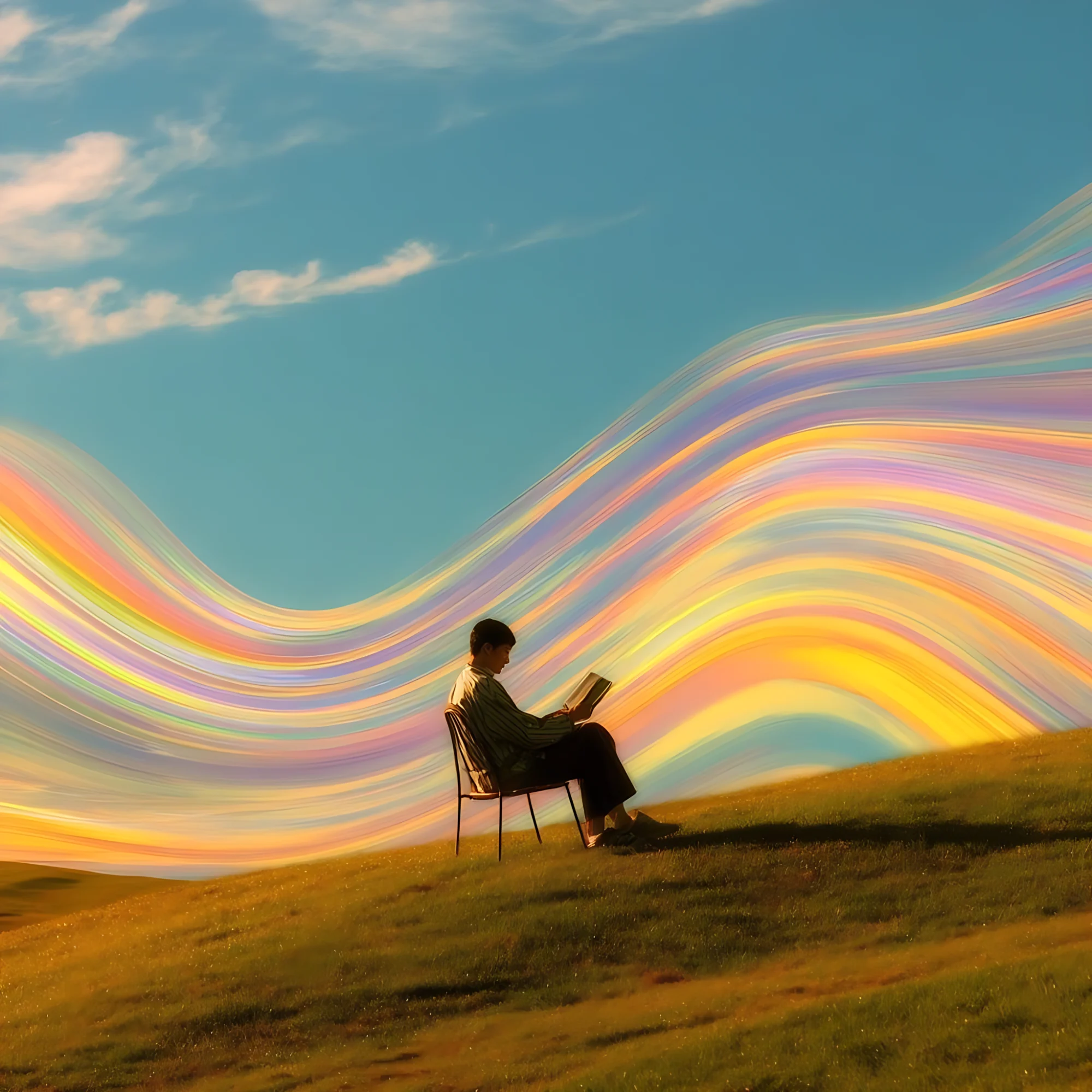 A person reading in a chair on a grassy hill under waves of iridescent light