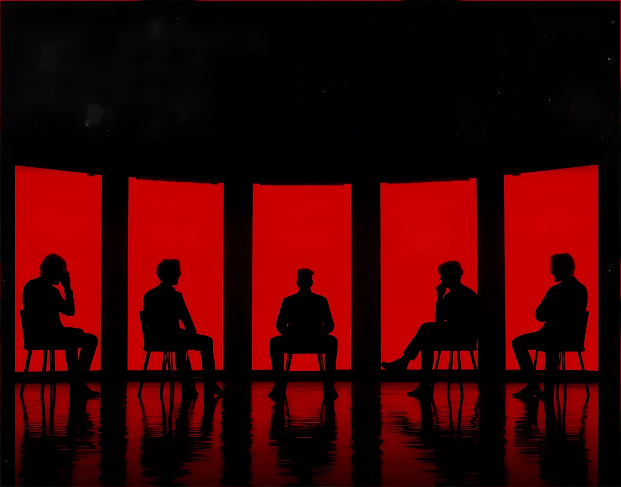 Five people in silhouette, each seated before a tall red panel