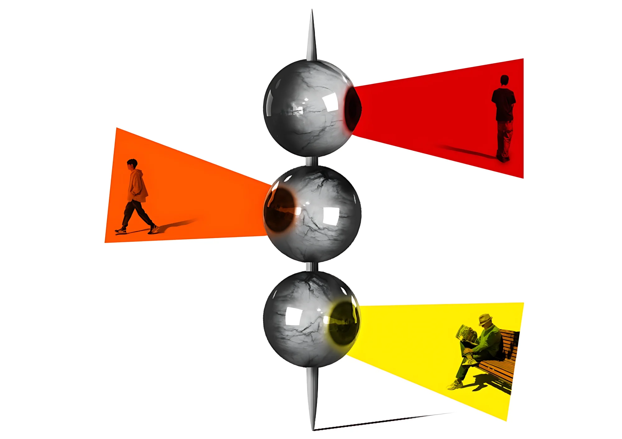 Three eyes on one axis, each looking out through a different coloured beam at a different person