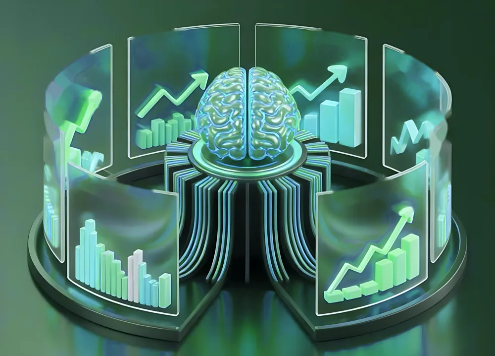 A brain at the centre of a ring of glass panels showing rising charts, wired to each one
