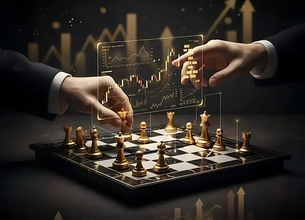 A hand making the next move on a gold chessboard