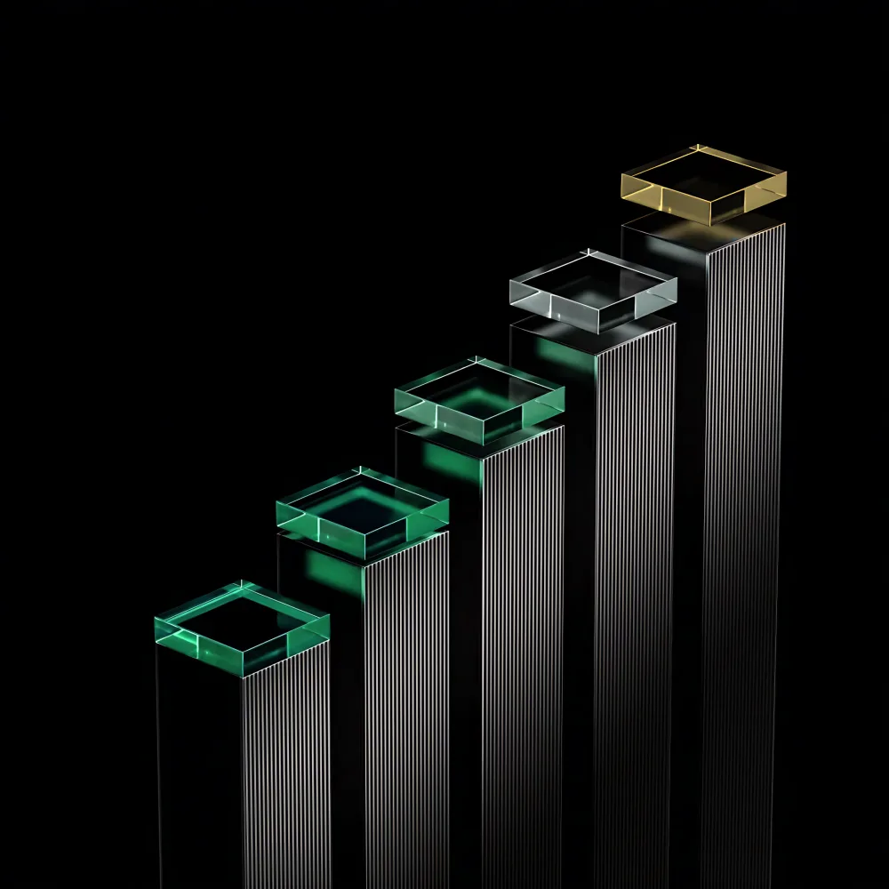 Five rising columns, each topped with a glass tile; the highest is gold