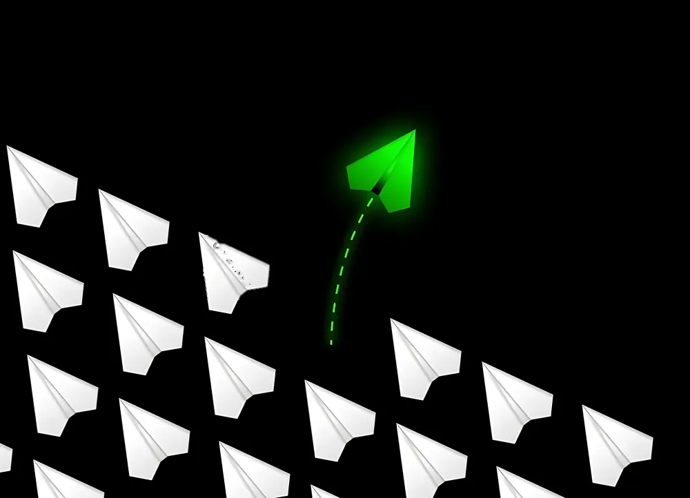 Paper planes flying one way while a green arrow rises on its own course