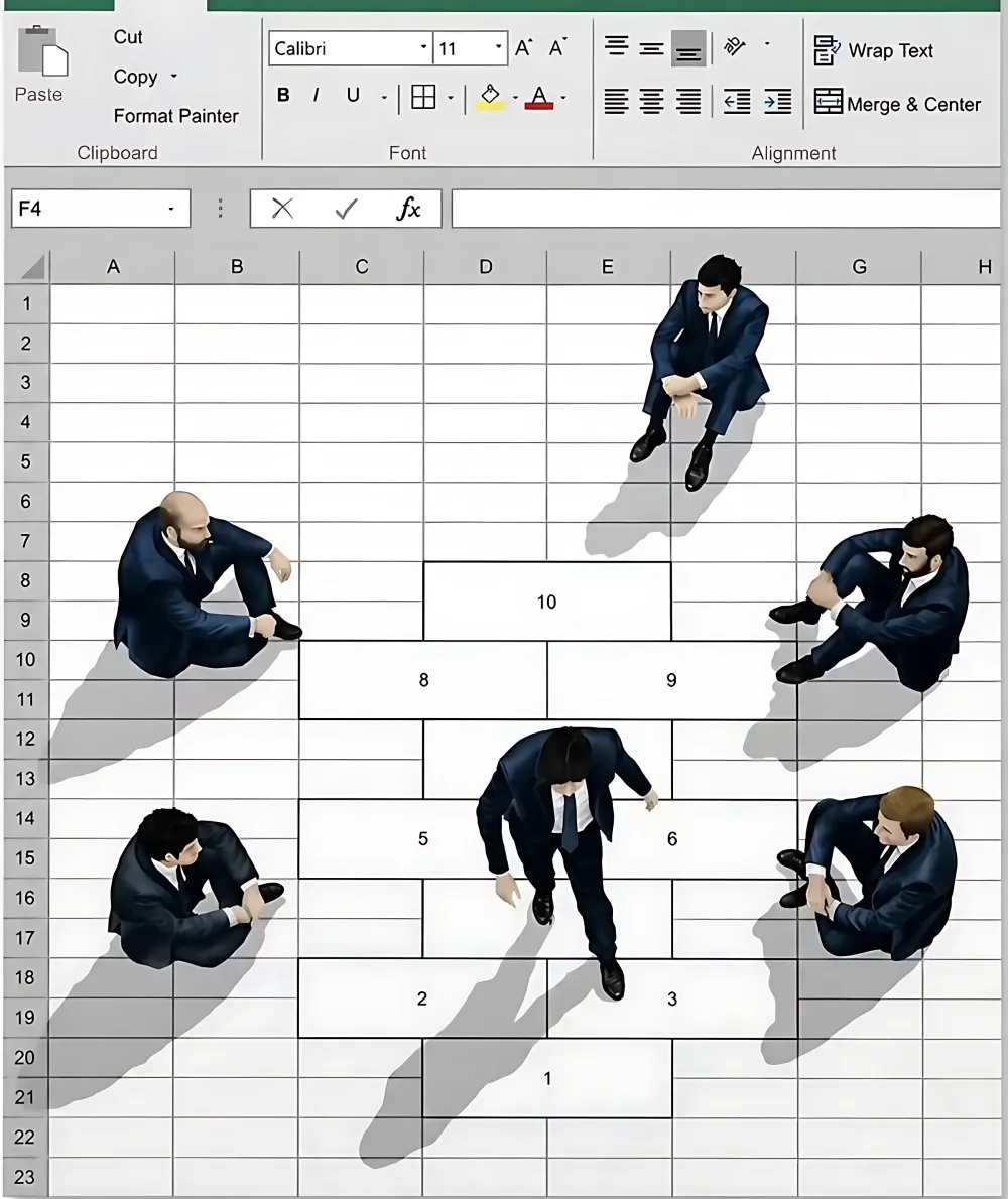Executives standing on a giant spreadsheet, each looking a different way